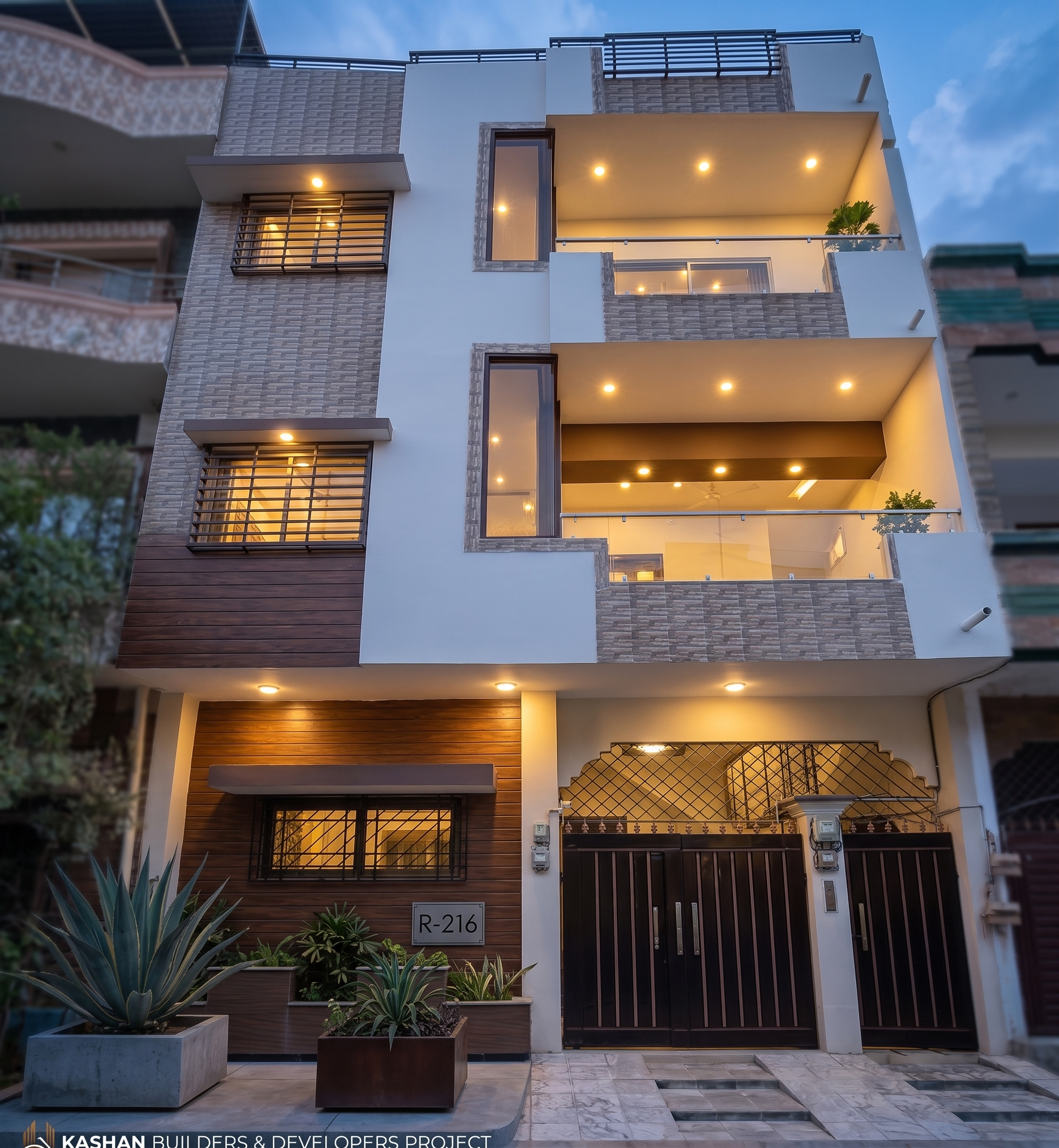 Delivered home in Karachi. Textured facade tiling across three floors.