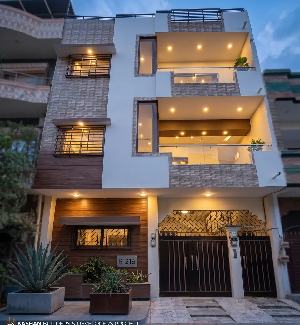 Delivered home in Karachi. Textured facade tiling across three floors.